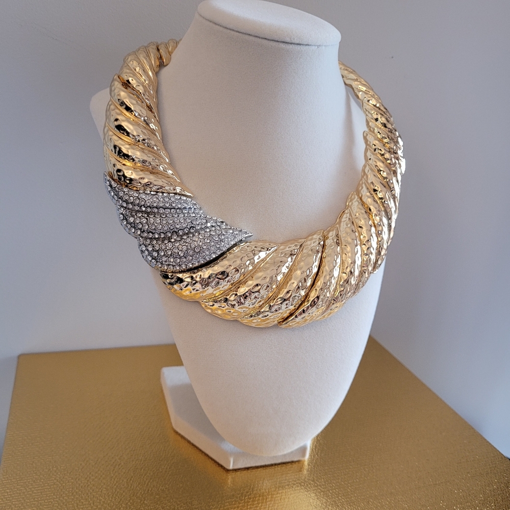Natasha Necklace: Gold-tone with Rhinestones. Thick. Sparkly. Statement. Choker. - Picture 6 of 15